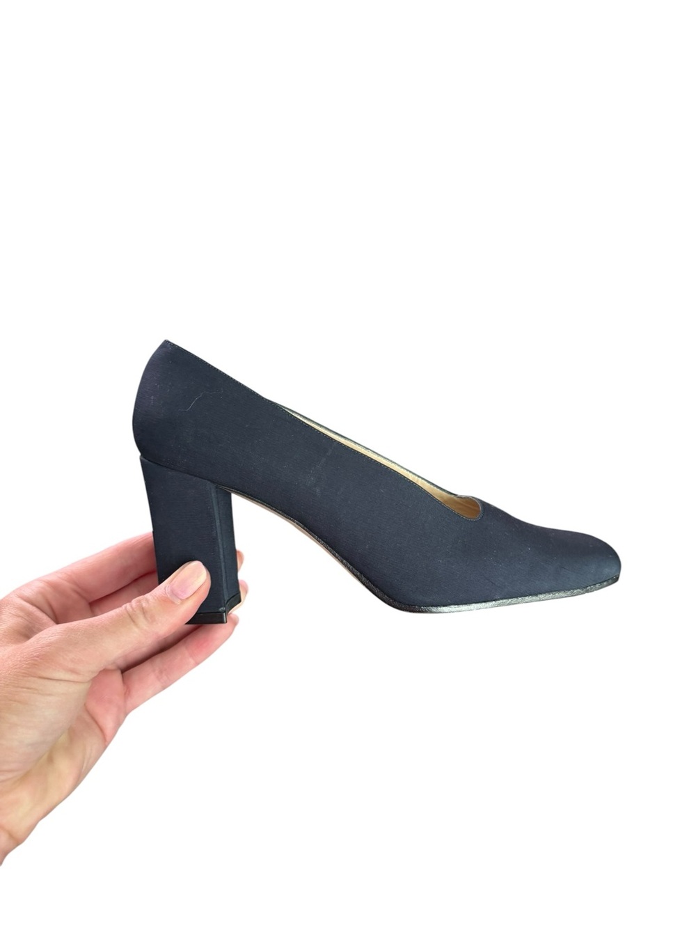 Van Eli Navy Satin Block Heel Pumps Square Toe Leather Sole Size 6.5 M Vintage
